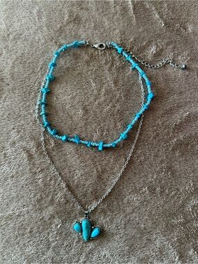 Turquoise Layered Pendant Necklace - Blue Bead Choker